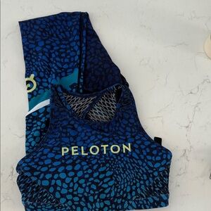 SET— With collab Peloton Navy and Teal Patterned Sports Bra with Lime Logo set